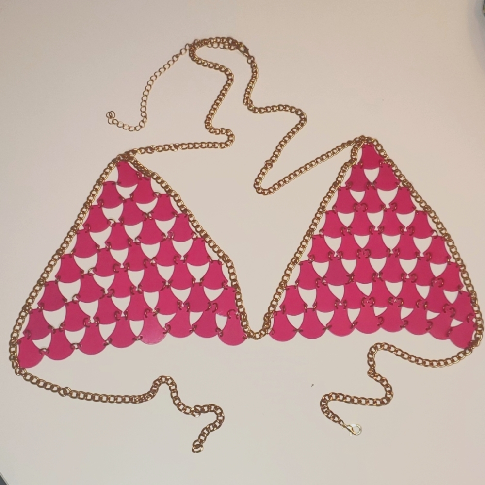 Pink and gold metal scales bra